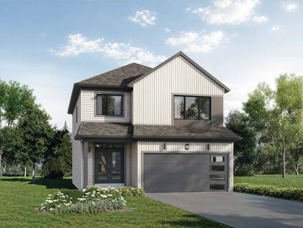 Rendering of a 34-foot detached home at Wellwood in the Farmhouse style with double garage