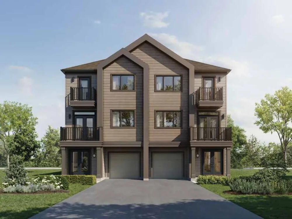 Rendering of a three-storey Village Town at Wellwood with wood-clad exterior and balconies